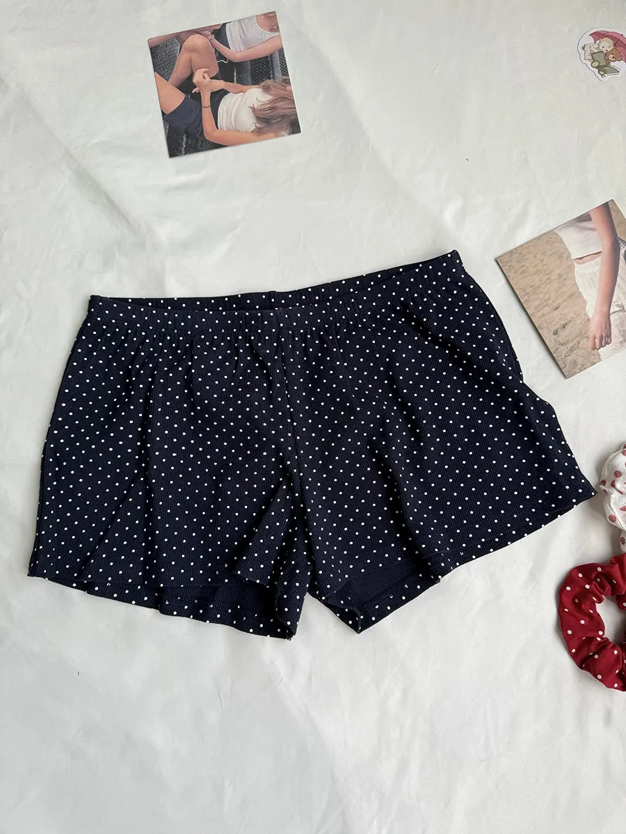 Navy Dot Ribbed Shorts Sets Women Summer Casual Sleeveless Crop Tank Top+Shorts Sweet Cute Home Cozy Slim Two-piece Set - view 4