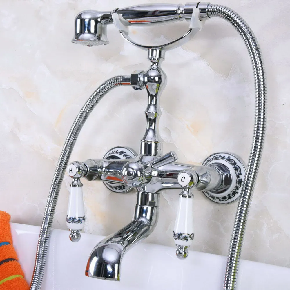 Chrome Polished Wall Mounted Bathroom Tub Faucet W/ Hand Shower Sprayer Clawfoot Mixer Tap