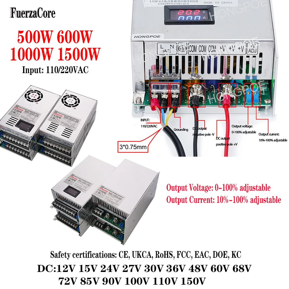 Digital Display 500W, 600W, 1000W, 1500W SMPS Power Output 12-200VDC, Switchable 110V/220V AC, Suitable for LED Lights TV Motor