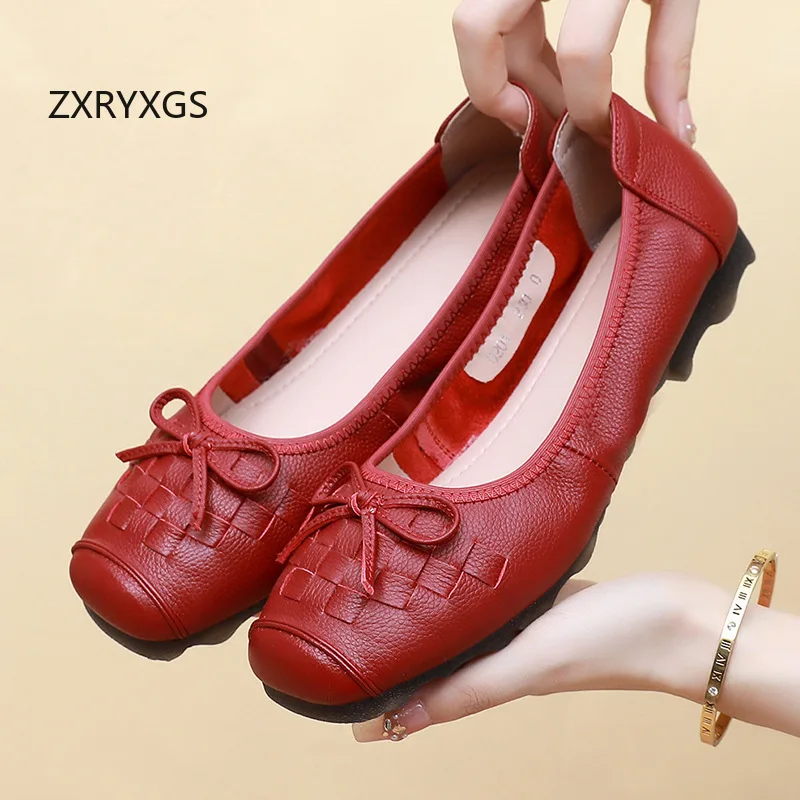 

ZXRYXGS Retro Style Round Toe Bow Women Genuine Leather Shoes Flat Large Size 2025 Elegant Comfortable Soft Sole Flats New Tide