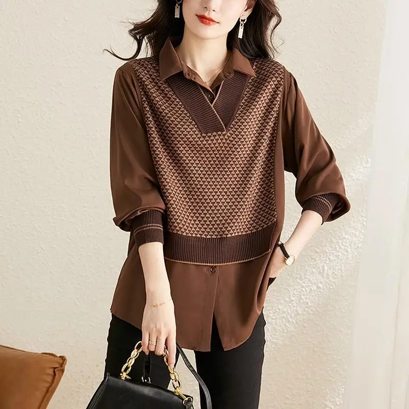 

Осенний новый высококачественный топ в западном стиле, искусственный двухсекционный вязаный свитер, свитер с воротником рубашки, ранний осенний свитер, топы с длинными рукавами