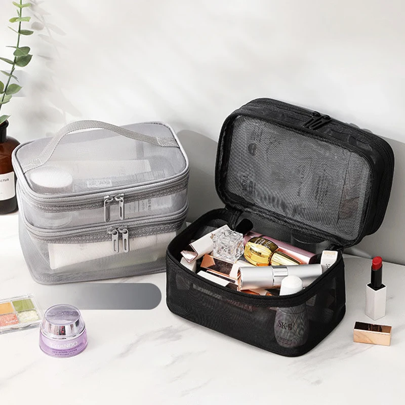 Double Layered Mesh Makeup Bag, Multifunctional Mesh Storage Bag, Travel Storage Makeup Bag
