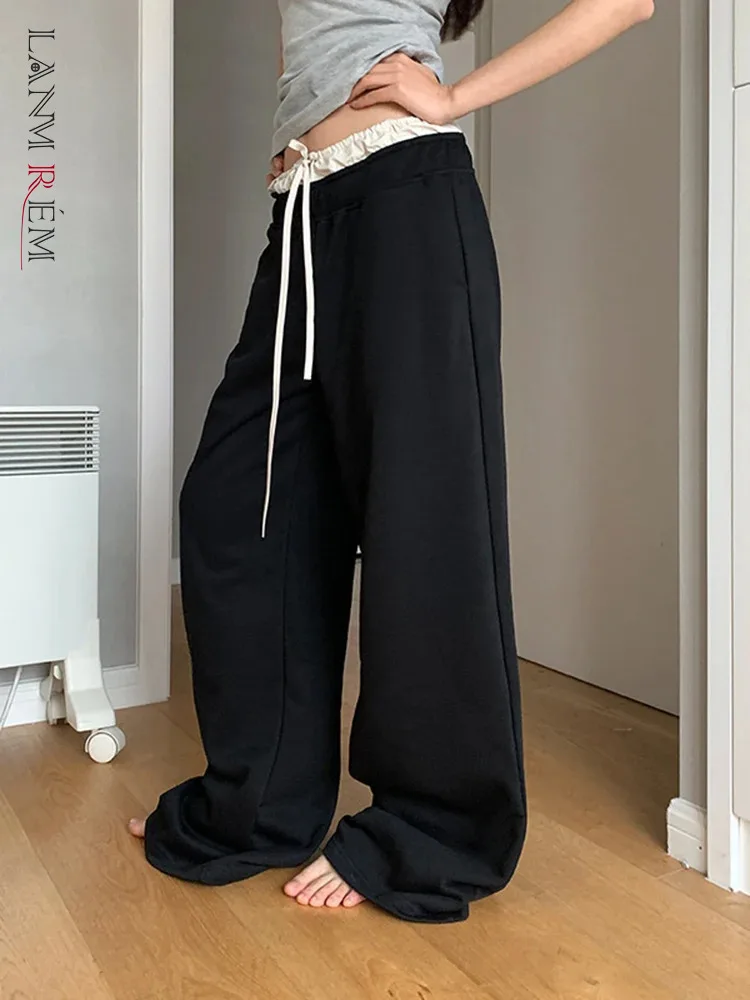 

[LANMREM] Drawstring Spliced Design Wide Leg Pants For Women High Waist Straight Wide Leg Trousers Tide 2025 Spring New CP3481