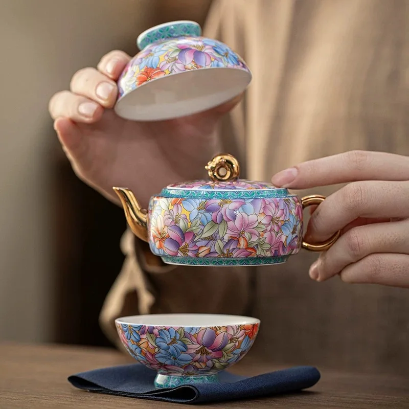

Enamel Tea Set, Palace Lantern Pot, Portable One Pot, Two Cups, Travel Tea Set, Fast Guest Cup