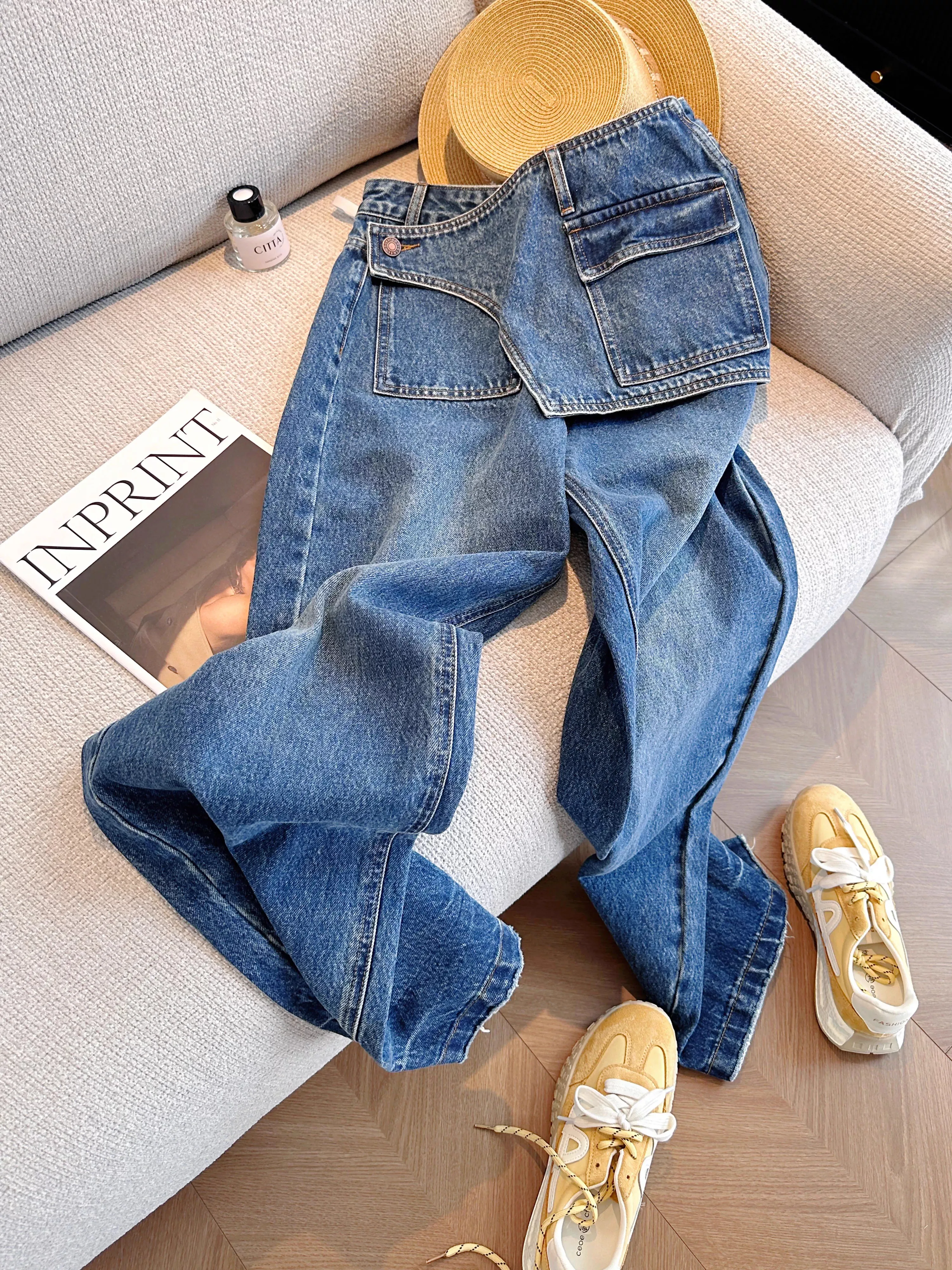 Personalized Design Sense Loose Jeans Autumn Women's Fake Two Pieces Deep Blue Narrow Trousers High Waist Straight Denim Pants