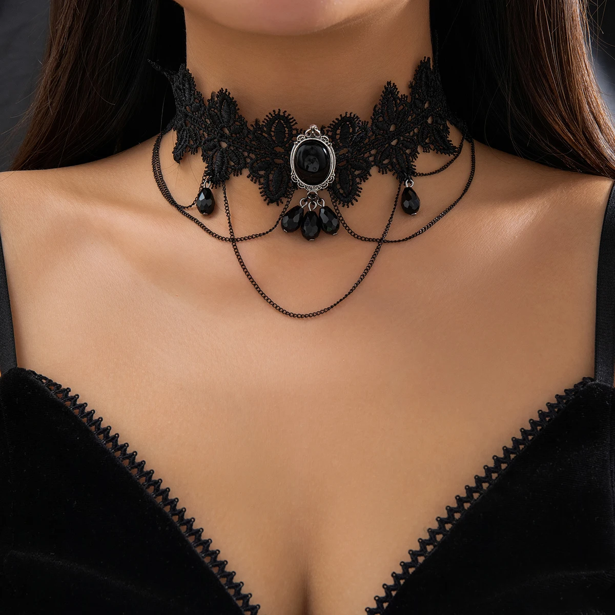 Lacteo Gothic Black Lace Rope Chain Necklace Crystal Beads Geometric Charm Chokers Collar Girls Women Party Y2K Jewelry New