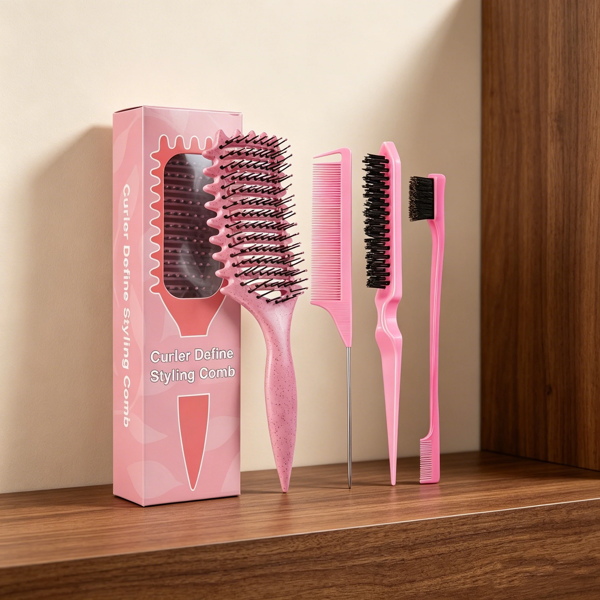 4-piece comb styling set with hollowed out hair comb, steel needle pointed tail comb, nylon hair brush, edge control comb