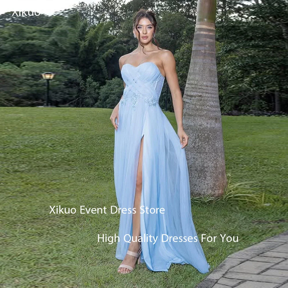 Xikuo Elegant Blue Tulle Evening Gowns Summer A Line Sleeveless Vestidos De Gala High Side Slit Prom Party Dresses Customized