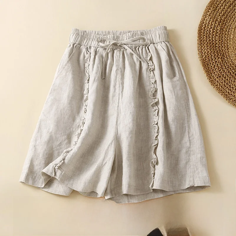 

Летние новые винтажные брюки-шорты из хлопка и льна с широкими штанинами, на резинке, с поясом, тонкая модель