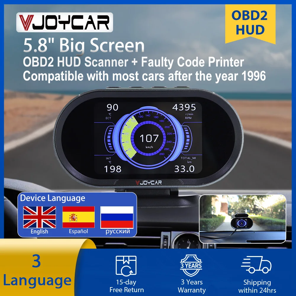 Vjoycar V70 2022 New OBD2 HUD Gauge On-board Computer Digital Security Alarm OBD2 Scanner Display All Car Engine Data Since 1996