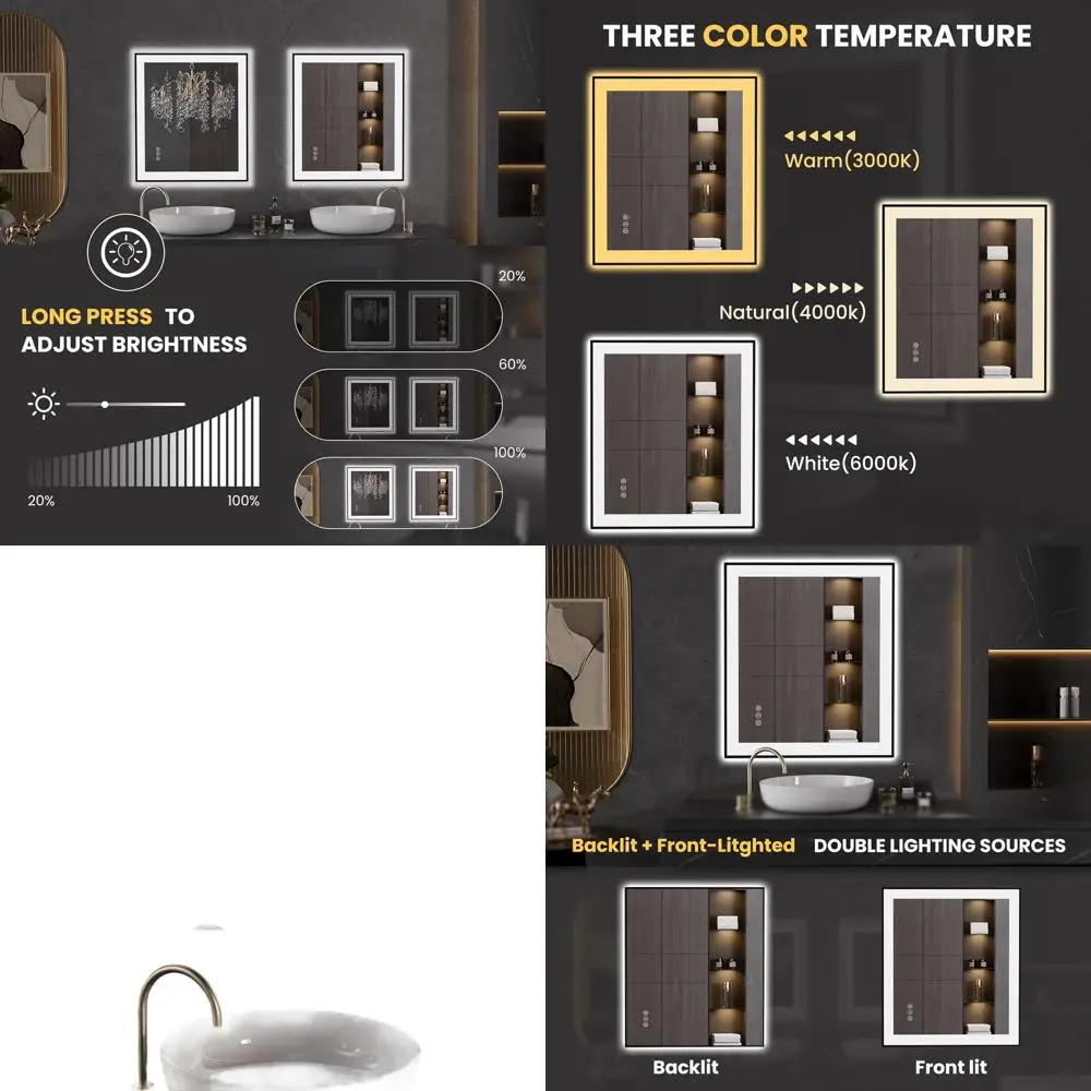 

32-дюймовое черное зеркало для ванной с LED-подсветкой, функцией антизапотевания, регулируемой яркостью и закаленным стеклом