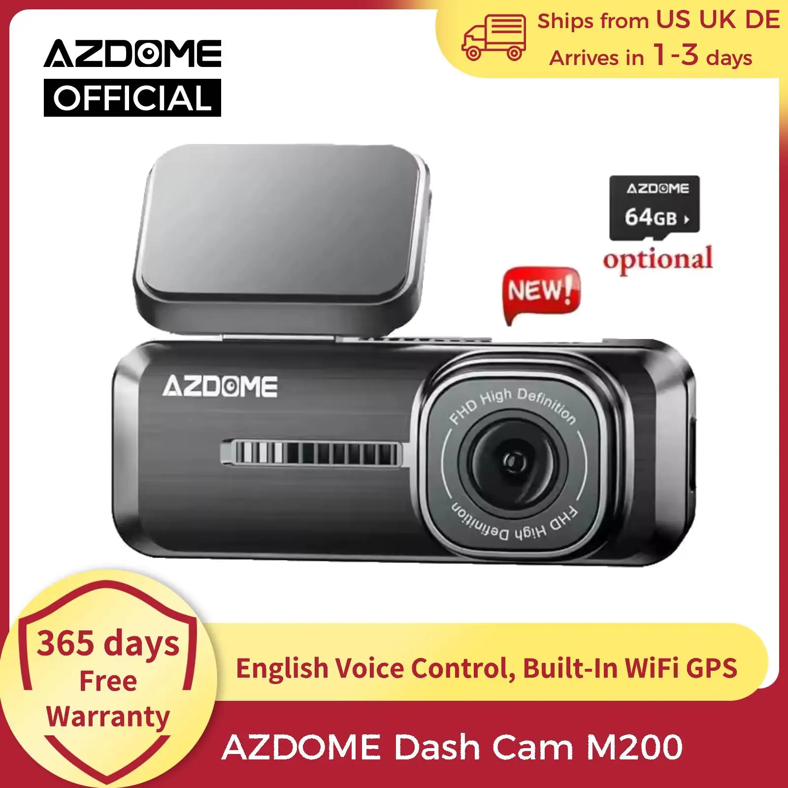 

AZDOME M200 Dash Cam English Voice Control 2K Car DVR WiFi Camera for Vehicle Night Vision G-Sensor 24H Parking Monitor