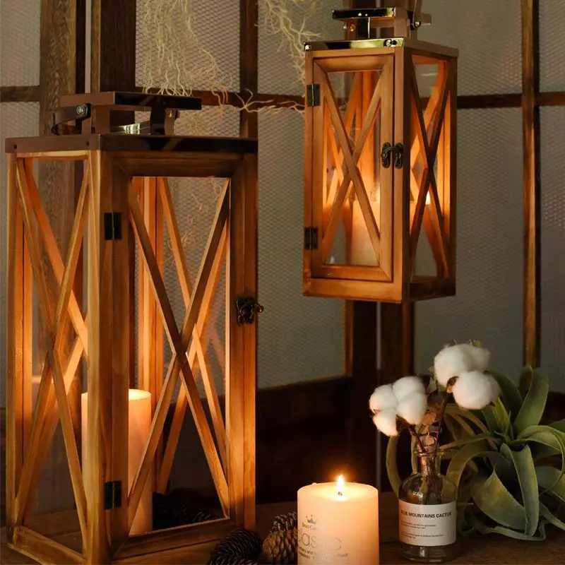 Wholesale Home Decor Metal Wood Glass Black Pillar Candle Lantern Holders Lanterns and Candle Outdoor Garden Decor