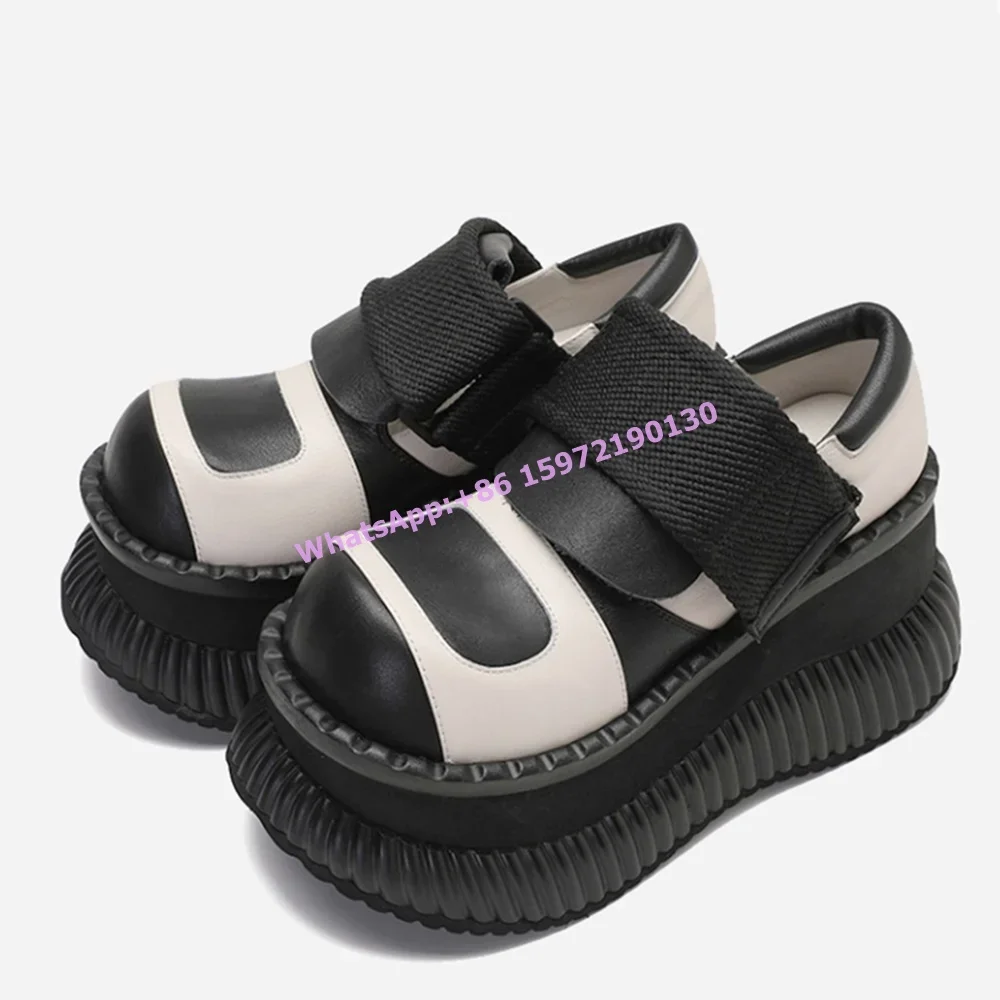 Shallow Black White Pumps Thick Soled Round Toe Leather Japan Style Lovely Leisure Shoes Women's High Increase Sweet Shoes