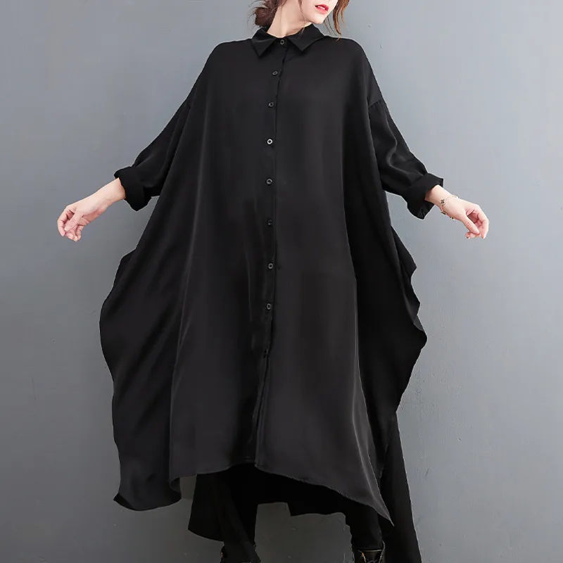 #4099 Black Long Dress Women Polo Neck Casual Shirt Dresses Long Sleeved Loose Asymmetrical Chiffon Dress Split Korean Style