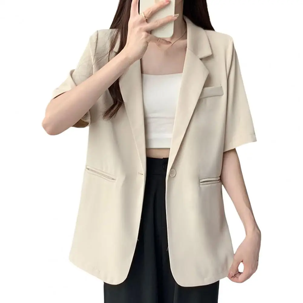 Button-front Suit Jacket Elegant Women's Short-sleeved Suit Coat with One Button Closure Versatile Solid Color for Casual