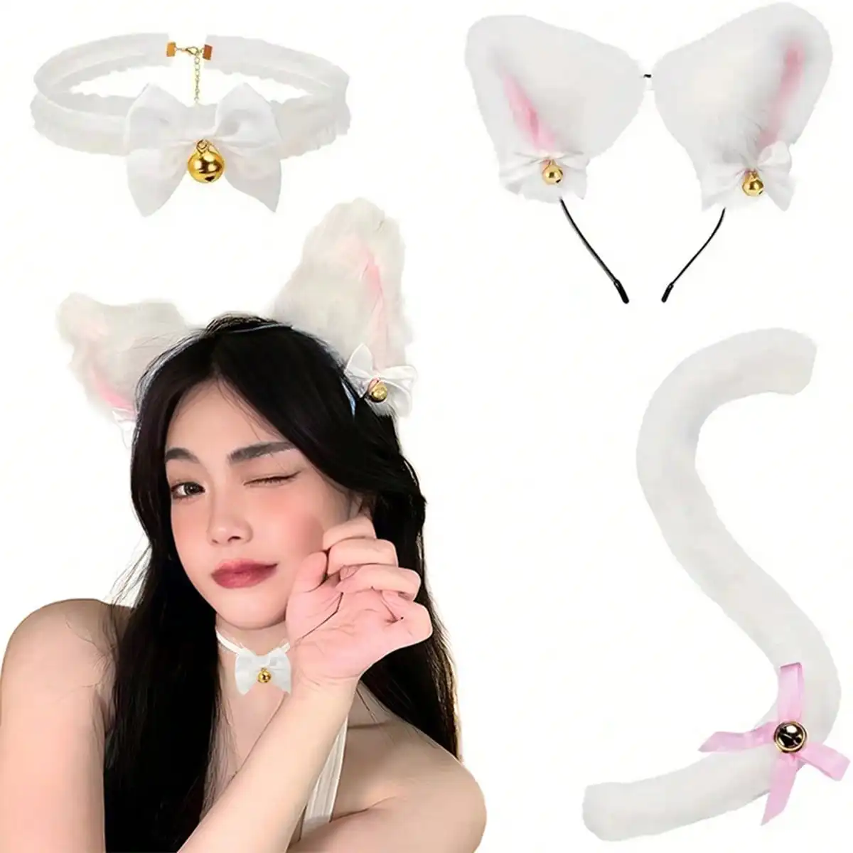 4Pcs Cute Cat Woman Cat Ears Headband Set Bow Jk Cosplay Headwear Cosplay Hair Accessories Lolita Halloween Dress Up Women