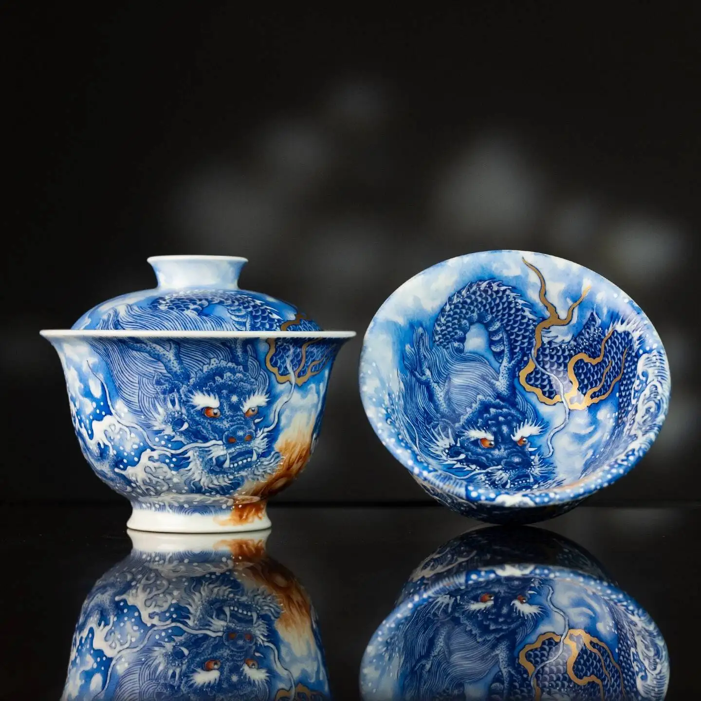 Sacred Mountain Blue Green Pastel Alum Red Dragon Playing With Pearl Cup Jingdezhen Ceramic Set Gaiwan For Brewing Tea