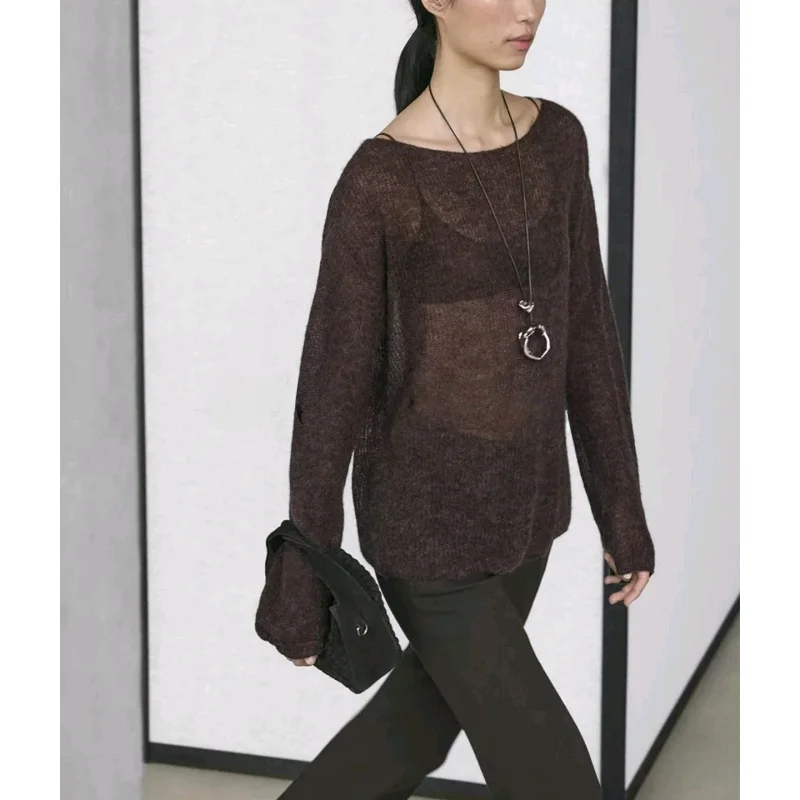 MD Winter New Women's Casual Lightweight Loose Knitwear Long Sve Boat Ne Transparent Top Comfortable Soft Polyester Fiber