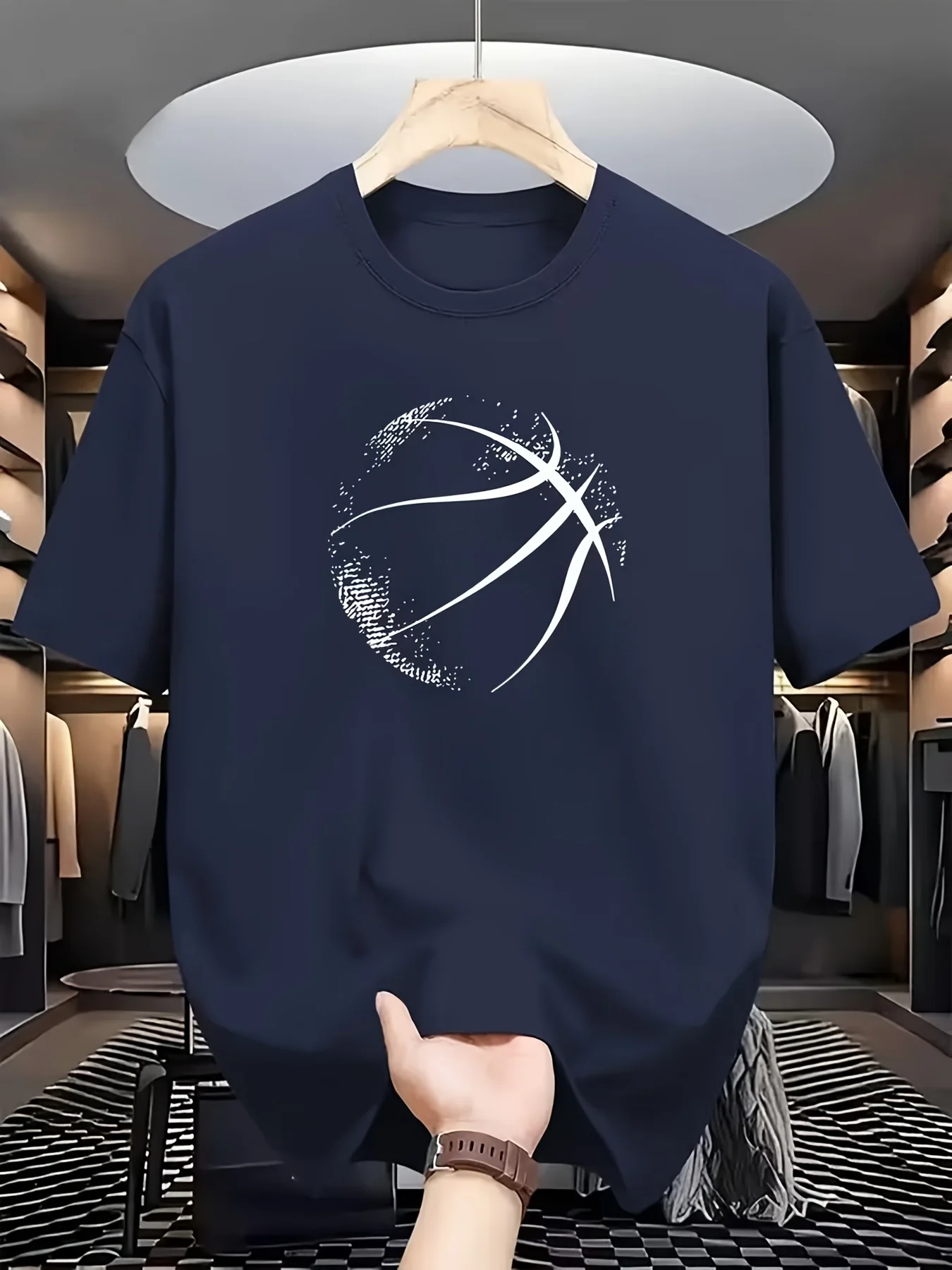 Elegant Round-Neck T-Shirt with a Basketball Pattern Print, Made from Slightly Stretchy Knit Fabric, Comfortable And Breathable