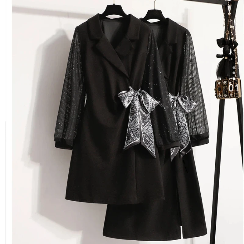 

Женская одежда больших размеров на осень-зиму 2023 года, свободные платья, сетчатое лоскутное женское платье с талией, женское платье-халат KE7270