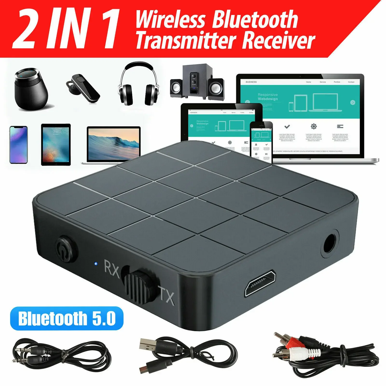 

2 IN 1 Bluetooth 5.0 Audio Receiver Transmitter Music Stereo Wireless Adapter With RCA 3.5MM AUX Jack For Car TV PC Speaker