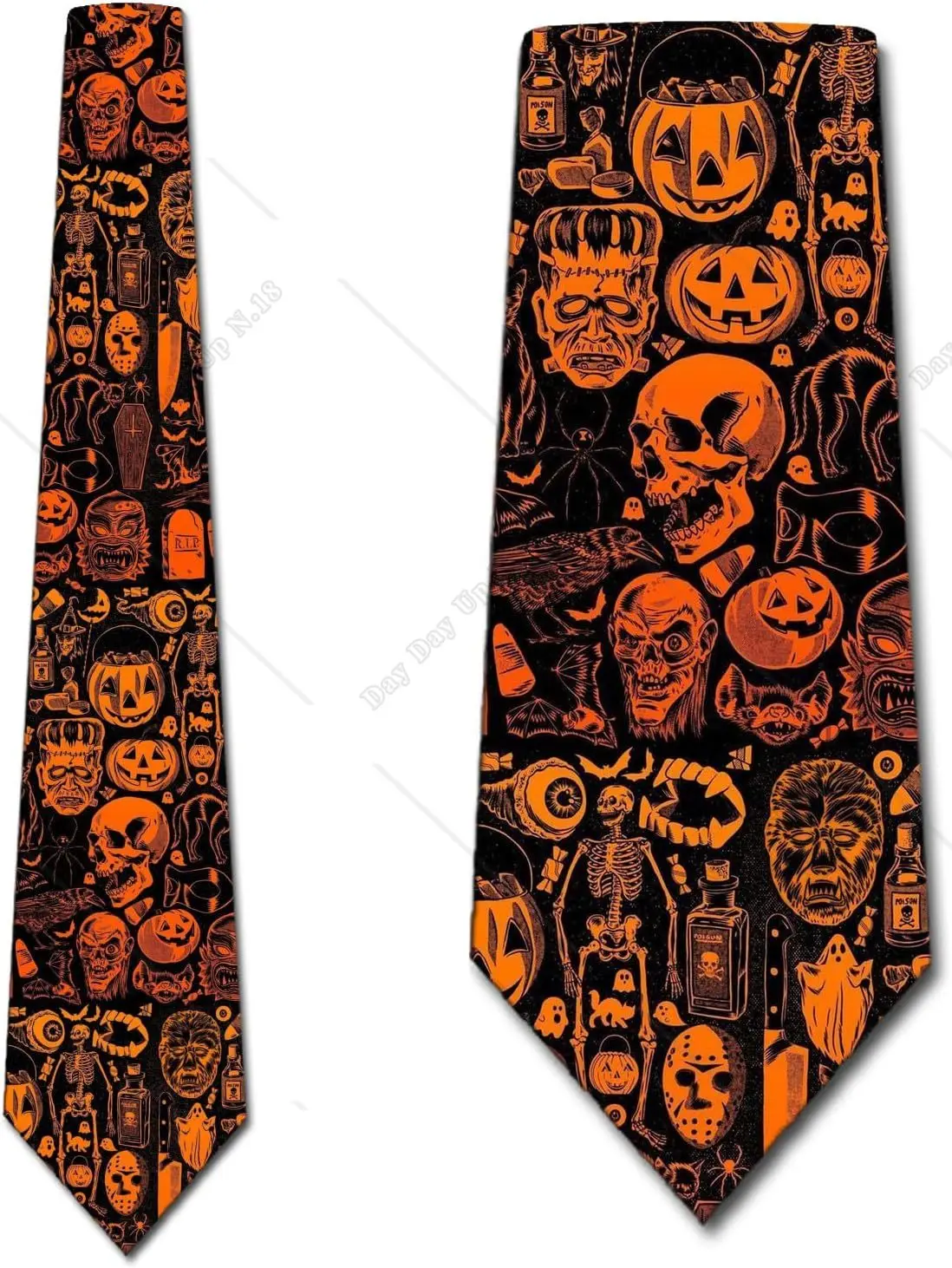 Orange and Black Halloween Skeletons Zoombies Bats Ties Mens Holiday Necktie Horror Tie Witchy Style Tie One Size