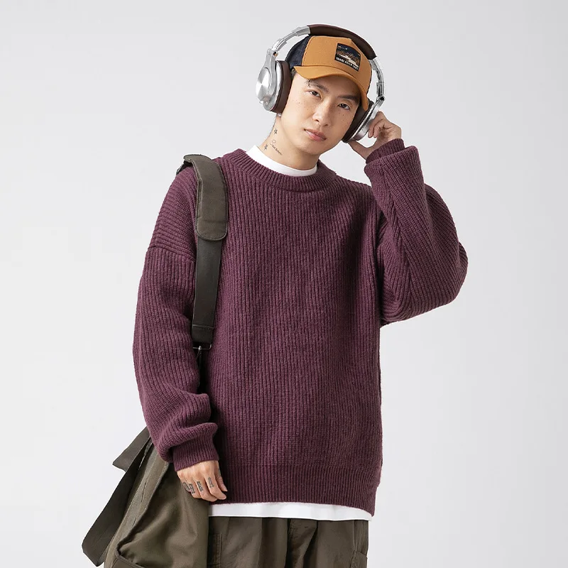 Heavyweight Thick Needle Pit Stripe Texture Sweater Solid Loose Round Neck Knit Jersey Coat man clothes