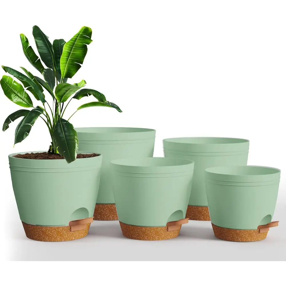 Multi-Size Self-Watering Pots Set of 5 for Indoor Plants, 6.8/6.4/5.9/5.5/4.9, Olive Green
