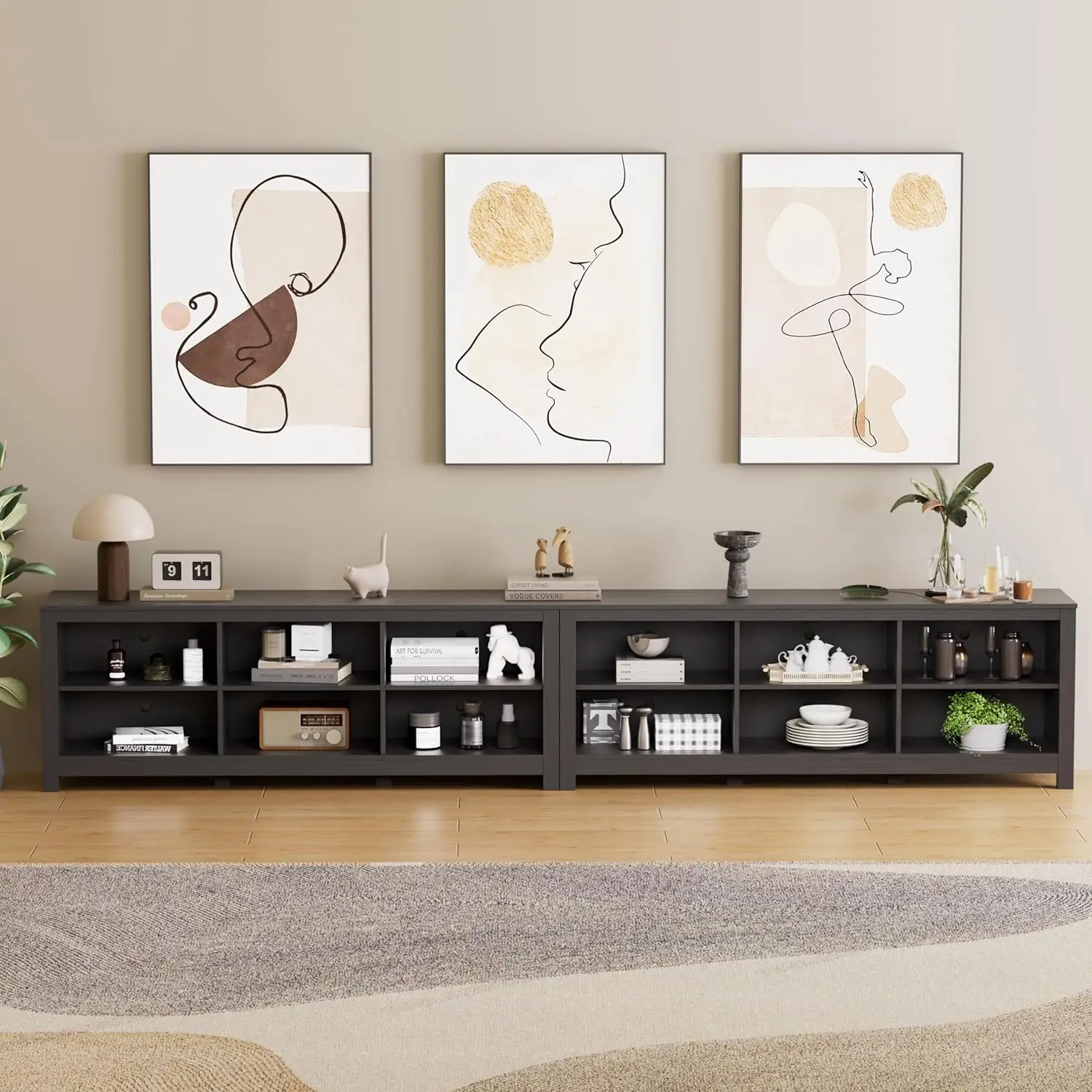 Suporte de TV para TV de 110 polegadas, centro de entretenimento preto para mesa de console de TV de mais de 90 polegadas com armazenamento de 12 cubículos, televisão clássica