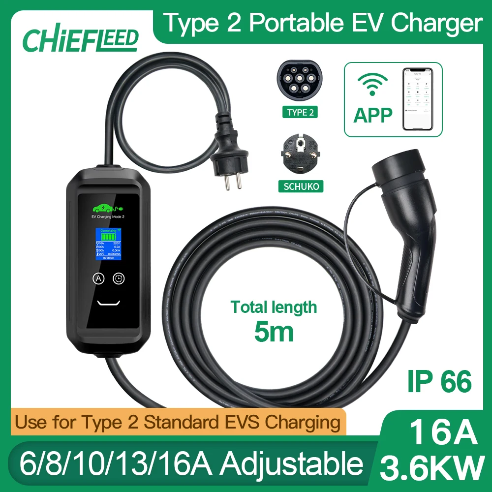 

Chiefleed Type2 APP EV Charger 16A 3.6kw 11kw 32A 7.2kw 3/4G WIFI 220V~450V EU Plug Home Charge Delay IP66 Current Adjustable