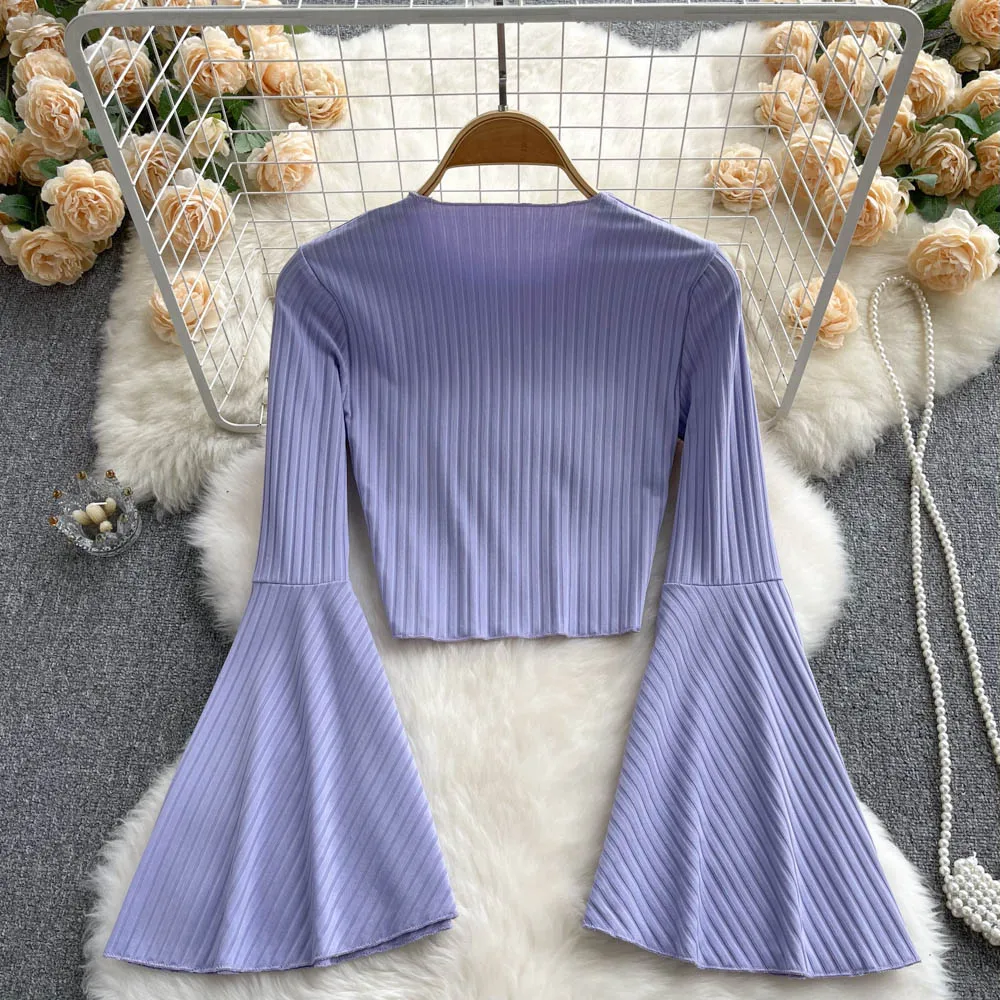 Chemisier plissé Chic à manches évasées, col rond, Slim, Sexy, chemise douce pour femmes, Streetwear, mode coréenne, haut court Y2k