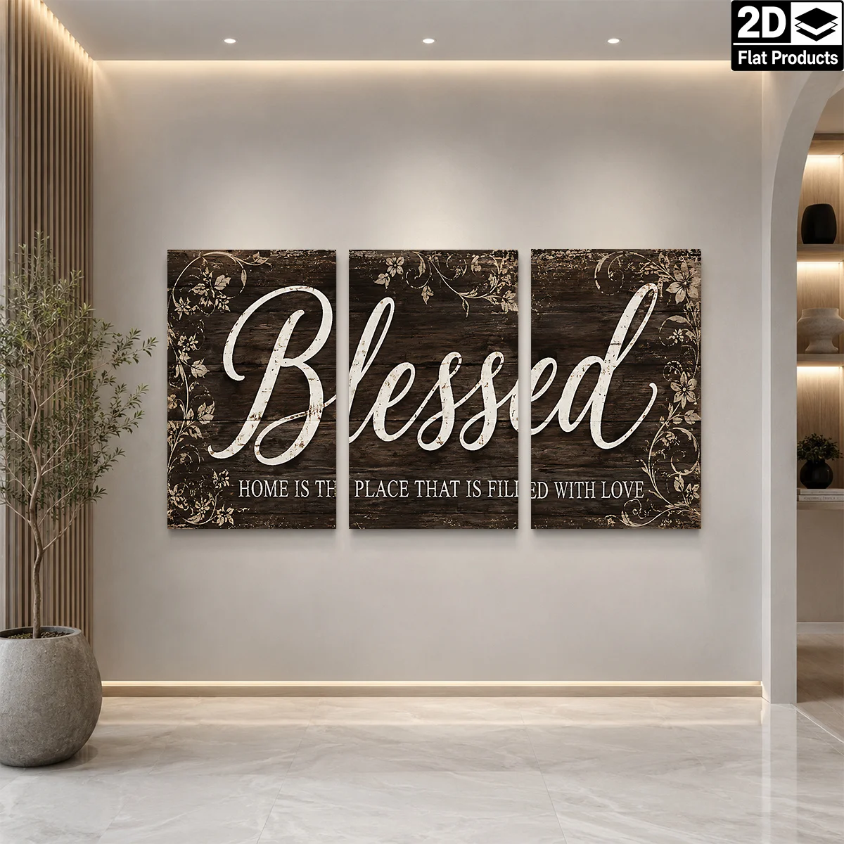2D Flat 3PCS - Blessed Home is the place that is filled with love Themed Canvas Wall Art, Waterproof Prints Ready to Hang, Bo