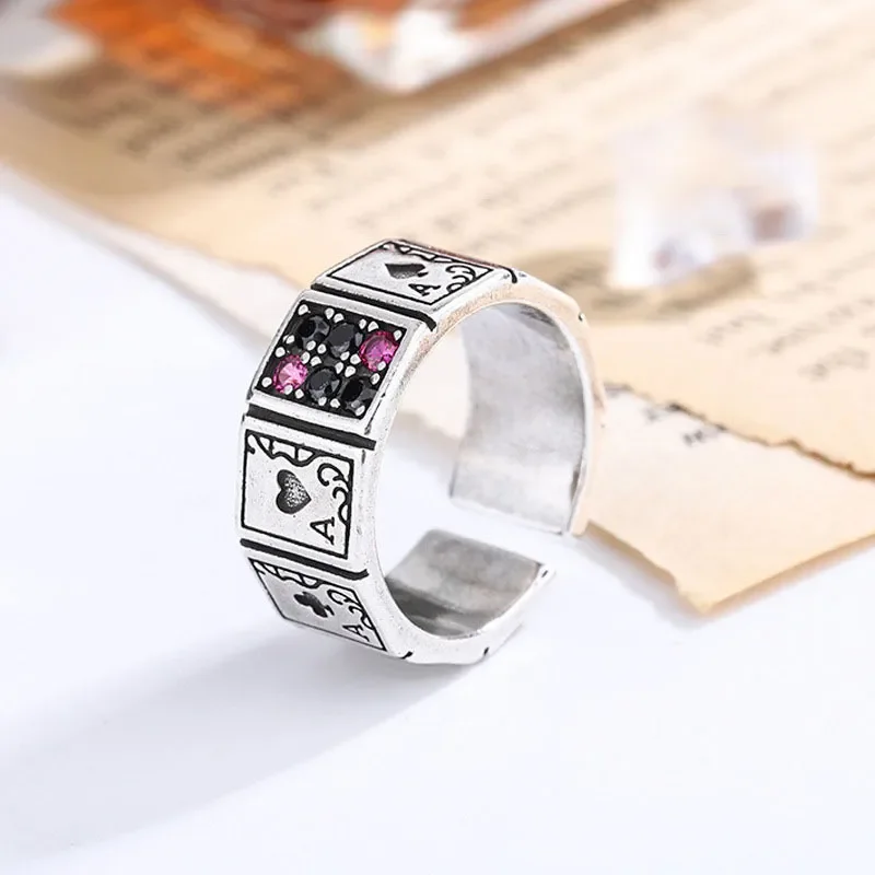 Spade A Playing Card Ring Men Retro Imitation Thai Silver Index Finger Ring European American Cross Border Diamond Encrusted