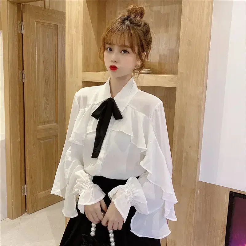 Autumn Bow White Ruffled Chiffon Long Sleeve Shirt Top Women\'s Clothing Blouse Women Blusas Ropa De Mujer