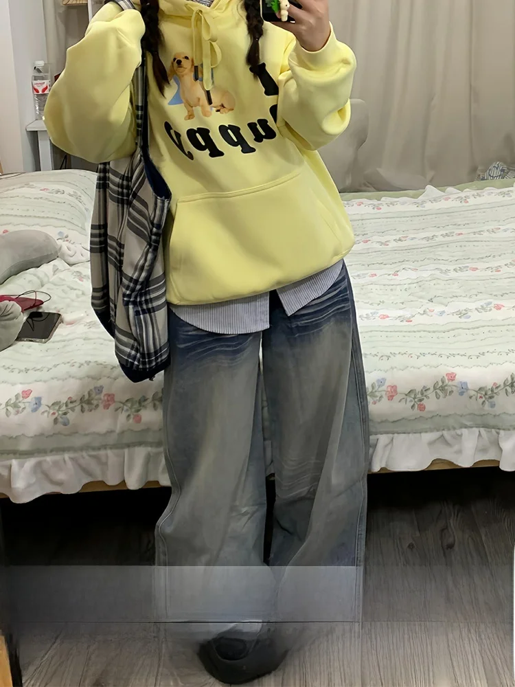 

Свободные джинсы с широкими штанинами, повседневные, женские, осенне-зимние, новые, больших размеров, с высокой талией, прямые, с узором под копытья