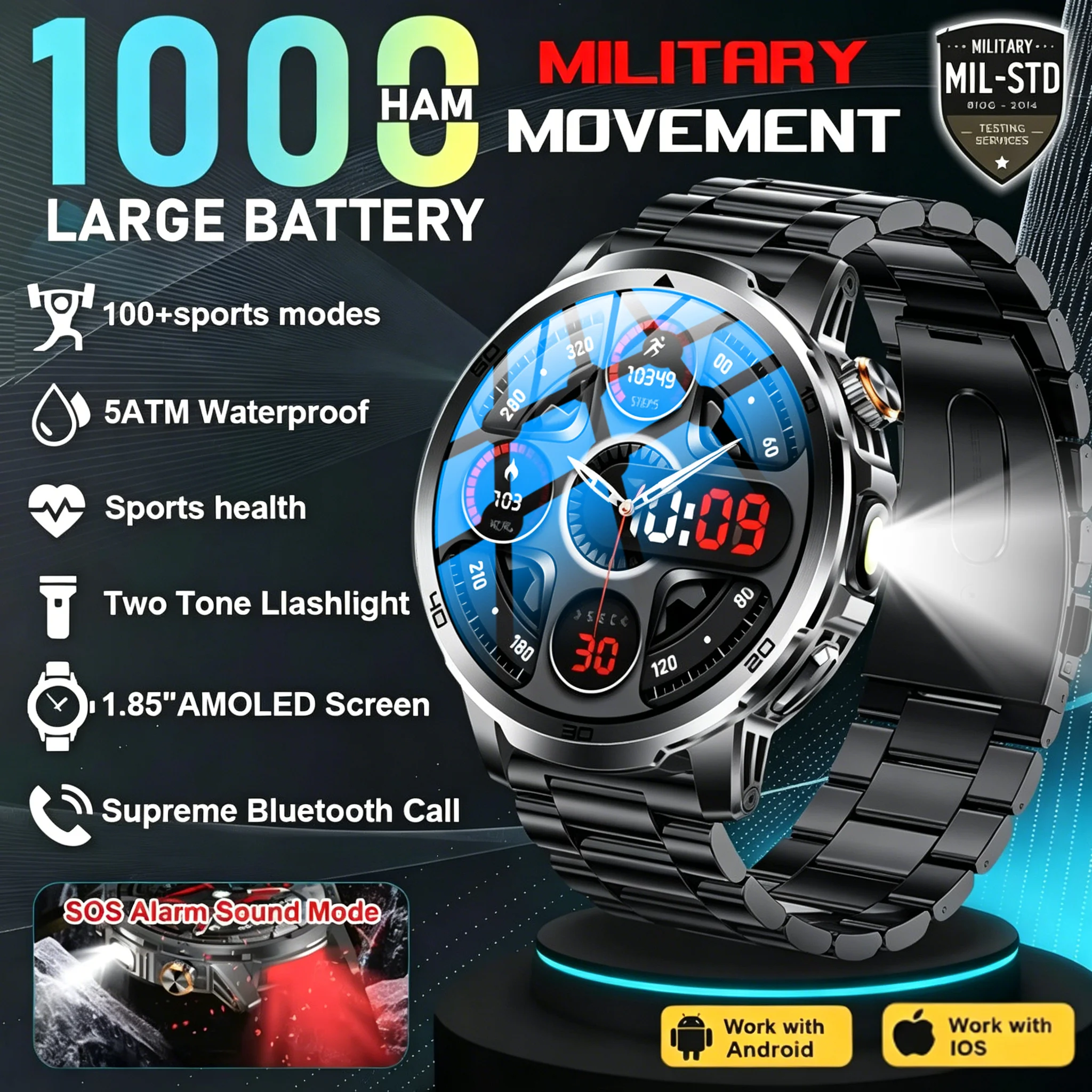 

2026 Military T-Rex 3 Smart Watch Fitness Clock Men 466*466 AMOLED Screen 1000mAh Battery Flashlight Call Waterproof Smartwatch