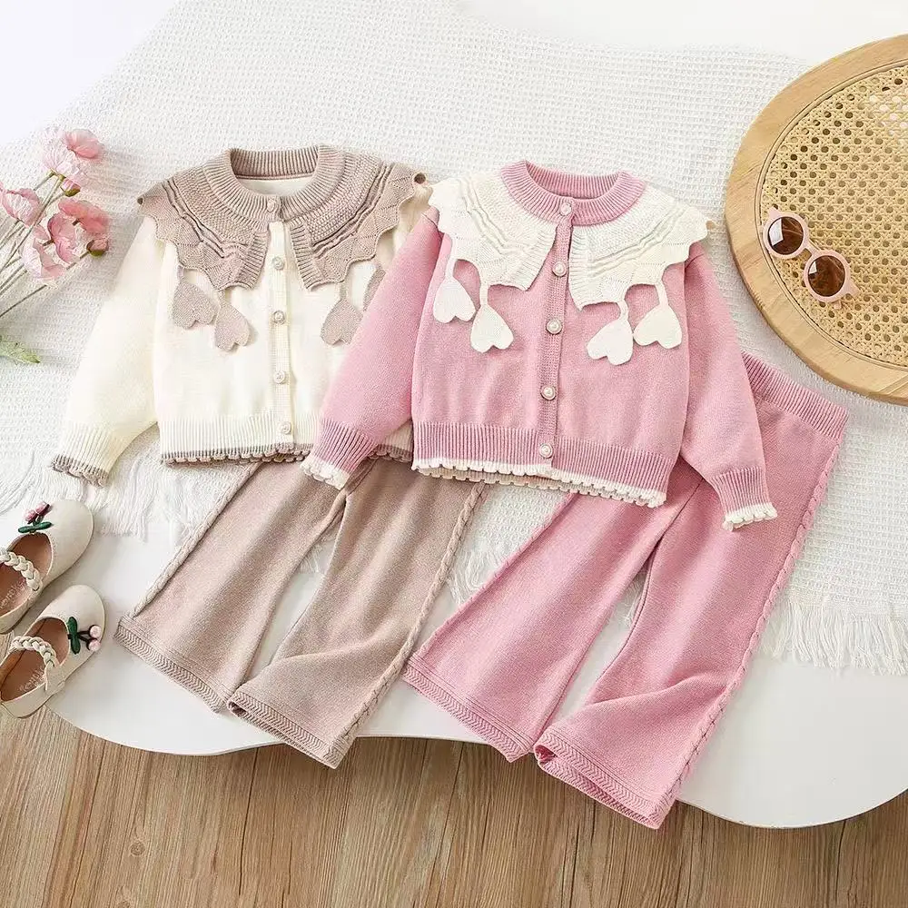New Autumn Winter Little Girls Sweet Knit Two Piece Set Big Lapel Collar Knit Cardigan Matching Knitted Pants Kids Outfit