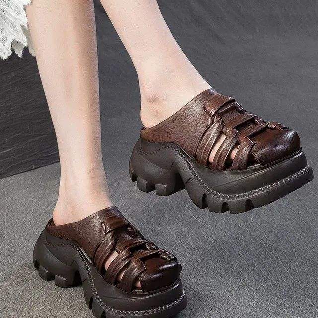 Spanish Glas Genuine Leather Retro Hollow out Slip-On Slippers Thick Bottom T-Strap Summer Shoes Women's Fashionable Slipups