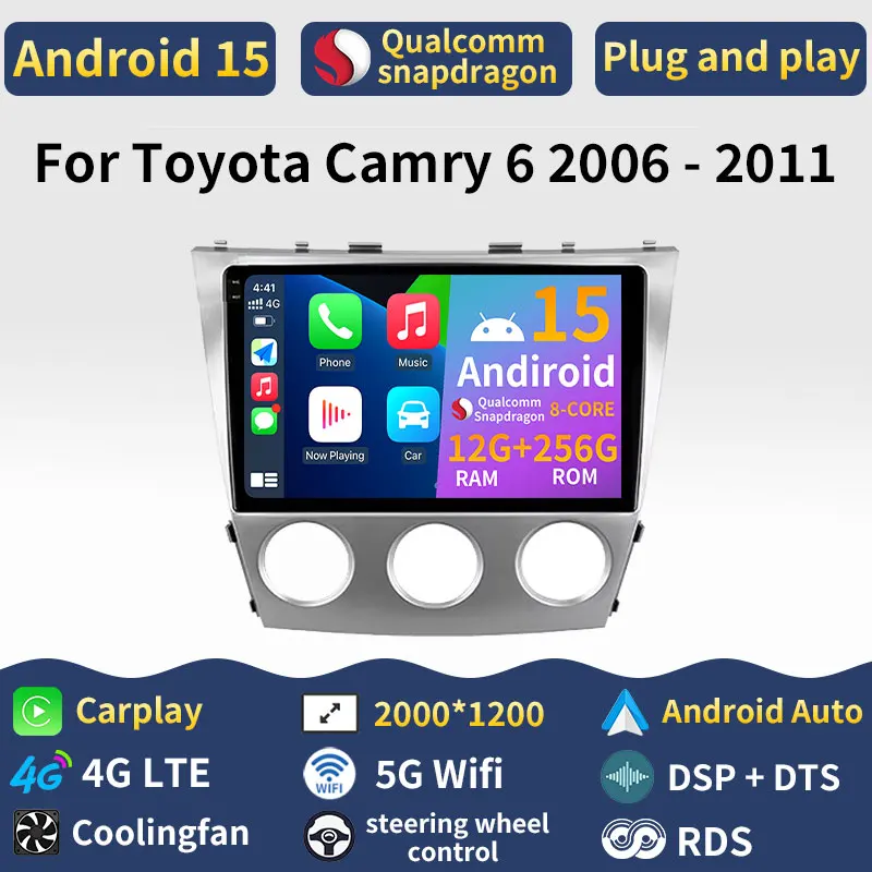 راديو السيارة أندرويد 15 لتويوتا كامري 6 2006 - 2011 MT AC اللاسلكية Carplay GPS مشغل وسائط متعددة نافي رئيس وحدة 360 كاميرا فيديو #1