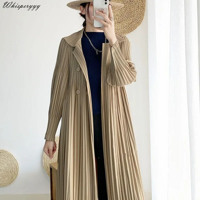 Plicated Trench Coat Women\'s Spring Autumn Loose Fashion Solid Color Double-breasted Windbreaker Turndown Long Outerwear