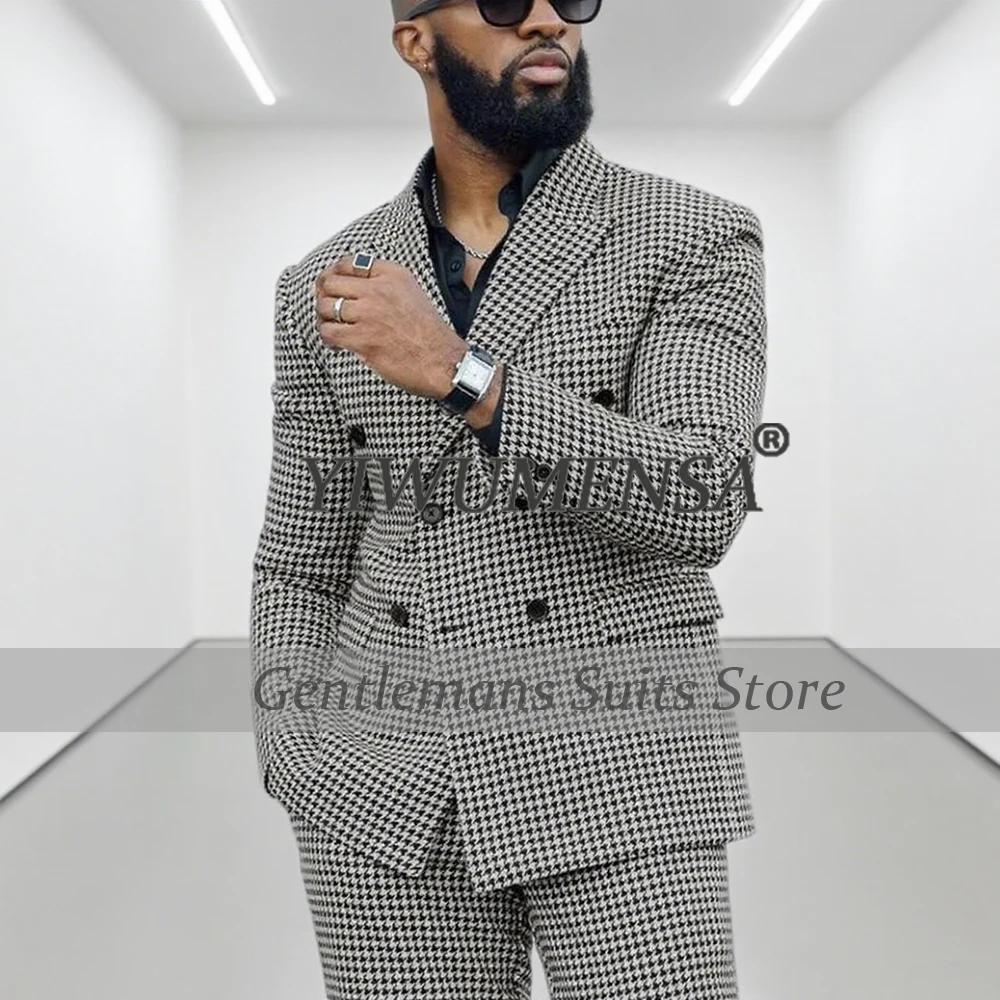 

Classic Houndstooth Business Suits Men 2 Pieces Sets Double Breated Jacket Pants Customized Groom Formal Party Prom Tuxedos 2026