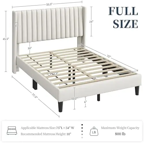 Full Bed Frame with Headboard,Ivory Channel-Tufted Platform | Sturdy wood frame with upholstered linen blend fabric