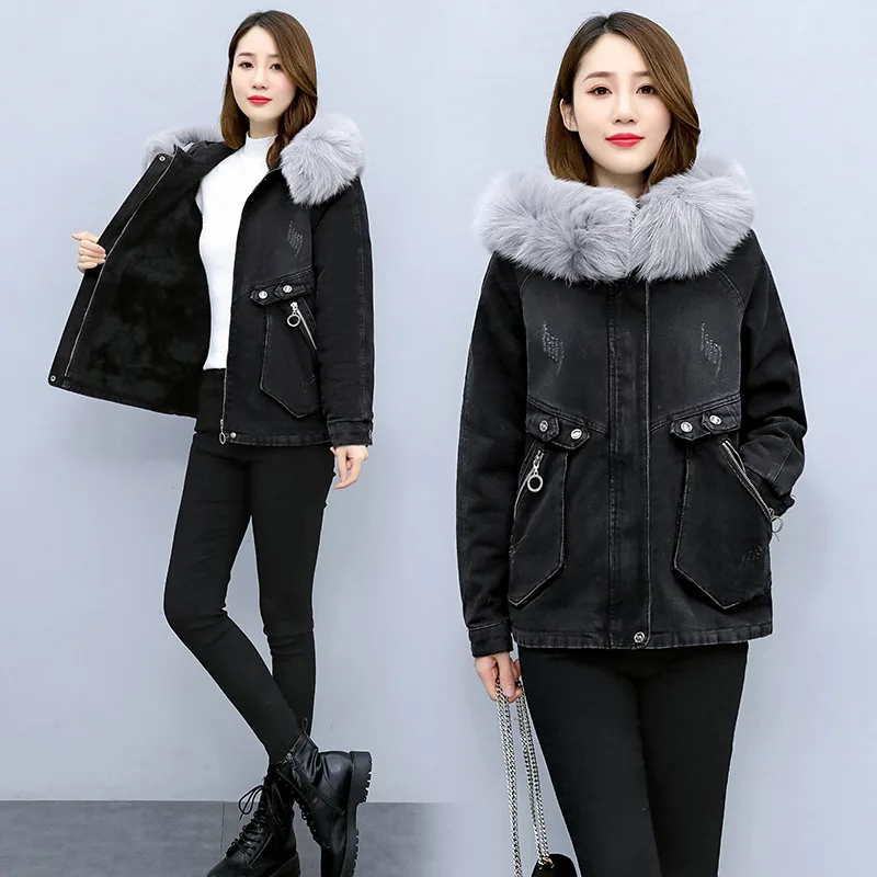 

Women's Winter New Long Sleeve Hooded Plushed Denim Coat New Denim Parker Cotton Coat Black Thickened Cotton Jacket