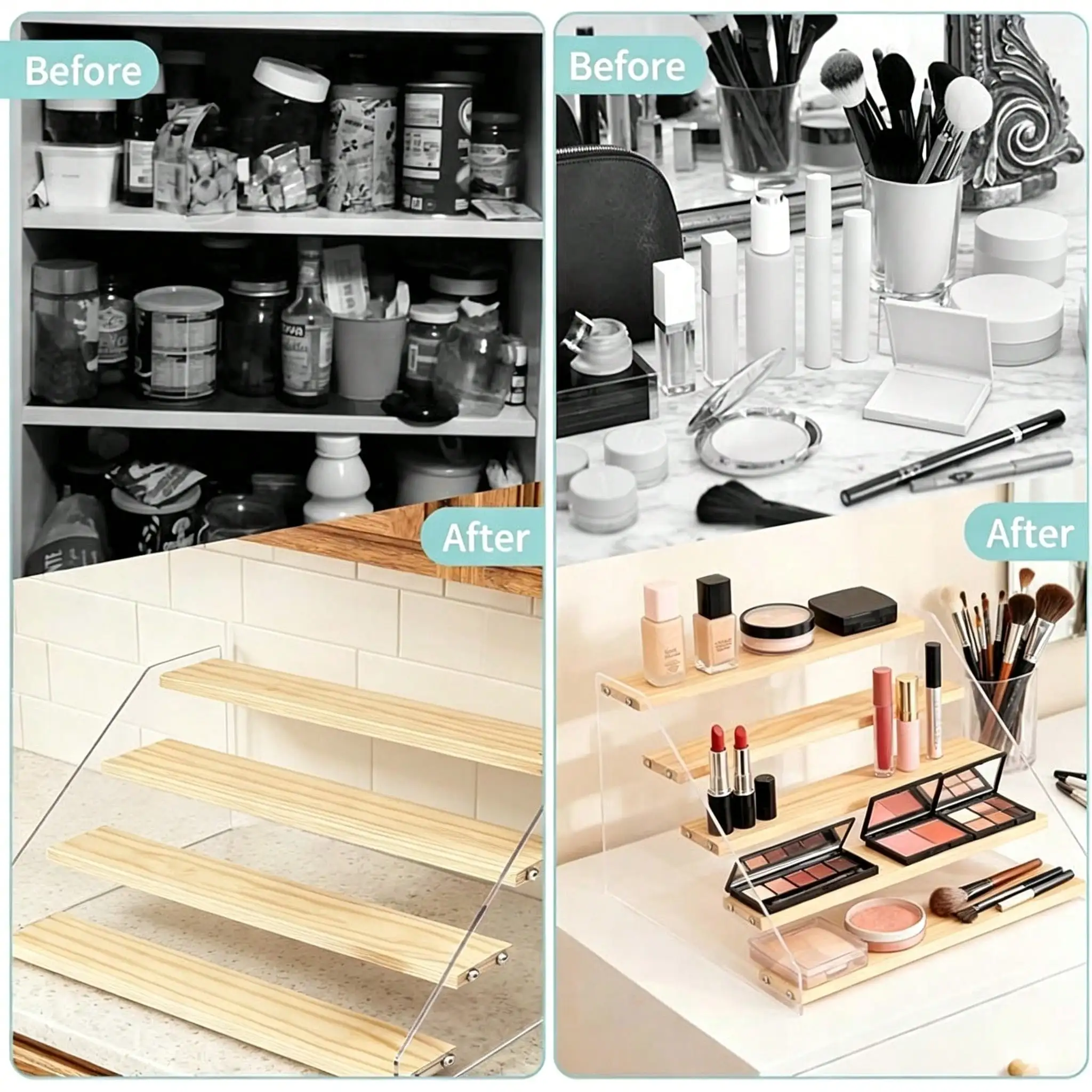 Acrylic And Wood Tiered Display Riser Stand Stepped Shelf Organizer, Clear Countertop Perfume Rack And Action Figure Display Stand, Multi Level Cabinet Spice Rack And Makeup Storage