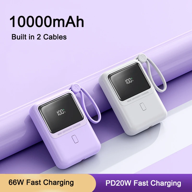 10000mAh Mini Power Bank Portable Charger 66W PD20W Fast Charging Powerbank With 2 Cable External Battery Pack for Mobile Phones