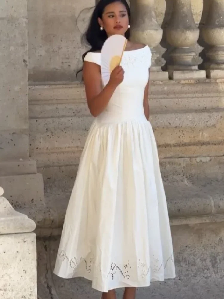 Elegantes weißes schulterfreies Midikleid mit modischer Stickerei, tailliert, A-Linie, Vestidos, schickes Sommer-Abendoutfit für Damen – Detail 7