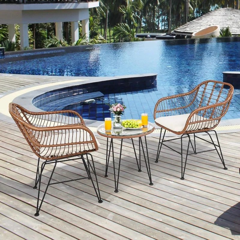 3 Pieces Patio Conversation Bistro Set, Outdoor Wicker Furniture w/Round Tempered Glass Top Table & 2 Rattan Armchairs,