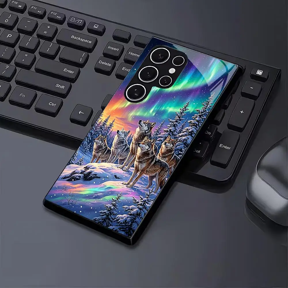 Northern Lights Wolf Pack Tempered Glass Fashion phone case for Samsung Galaxy S26/S25/S24/S23/S22/S21 FE Ultra Plus Shockproof