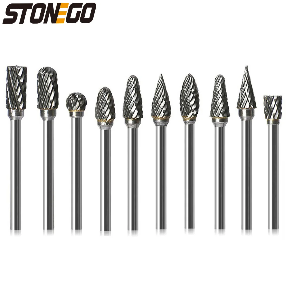 STONEGO 10Pcs Double Cut Carbide Rotary Burr Set - 3mm Shank for Woodworking, Drilling, Metal Carving, Engraving, and Polishing